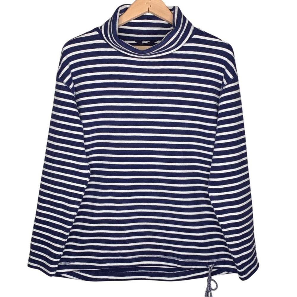 Lands End Waffle Knit Funnel Neck Top L Navy White Striped Drawstring Nautical